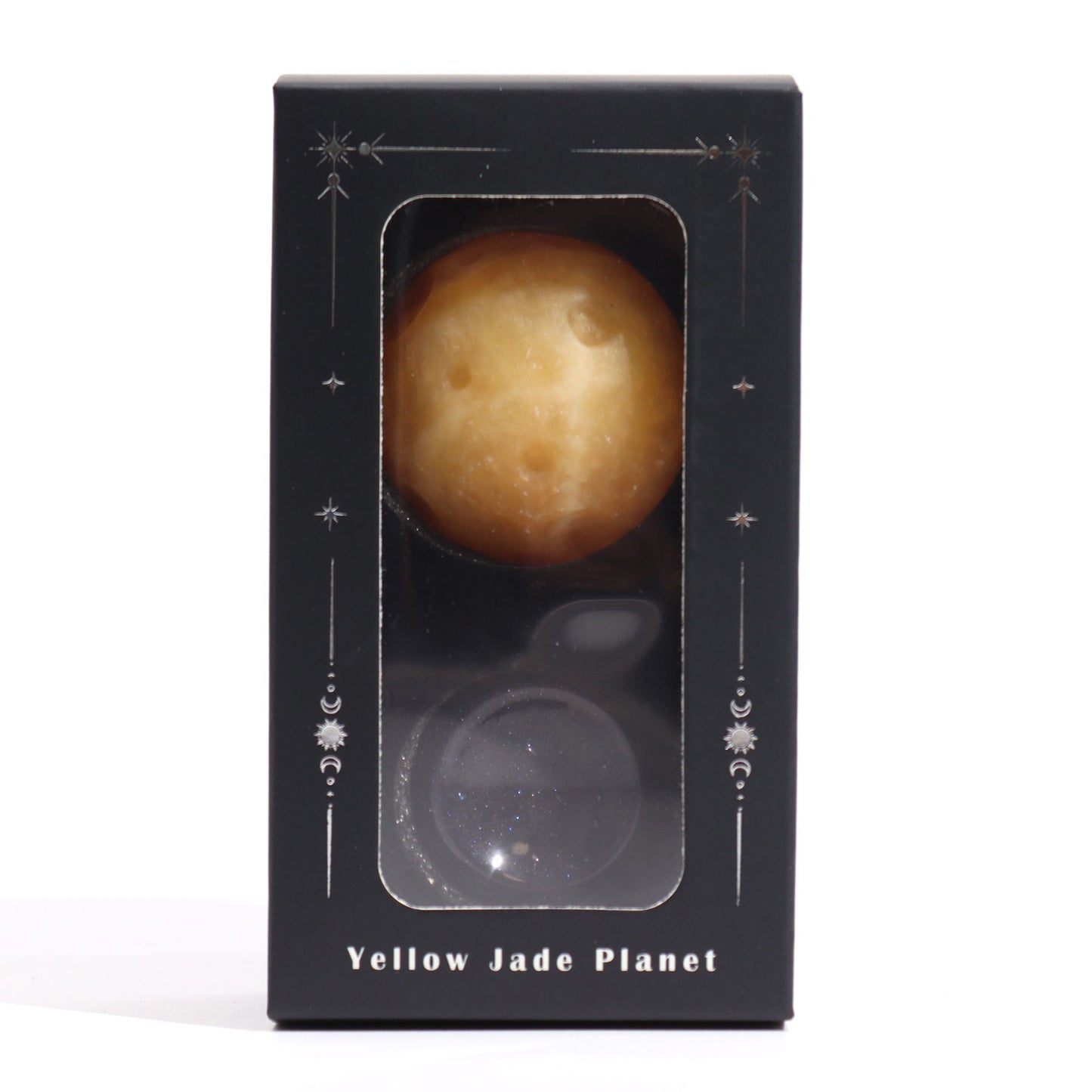 Saturn Gemstone Planet Yellow Jade Sphere 40mm | Solar Goldstone Stand | Patience Focus Discipline