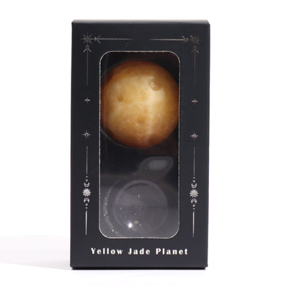 Saturn Gemstone Planet Yellow Jade Sphere 40mm | Solar Goldstone Stand | Patience Focus Discipline