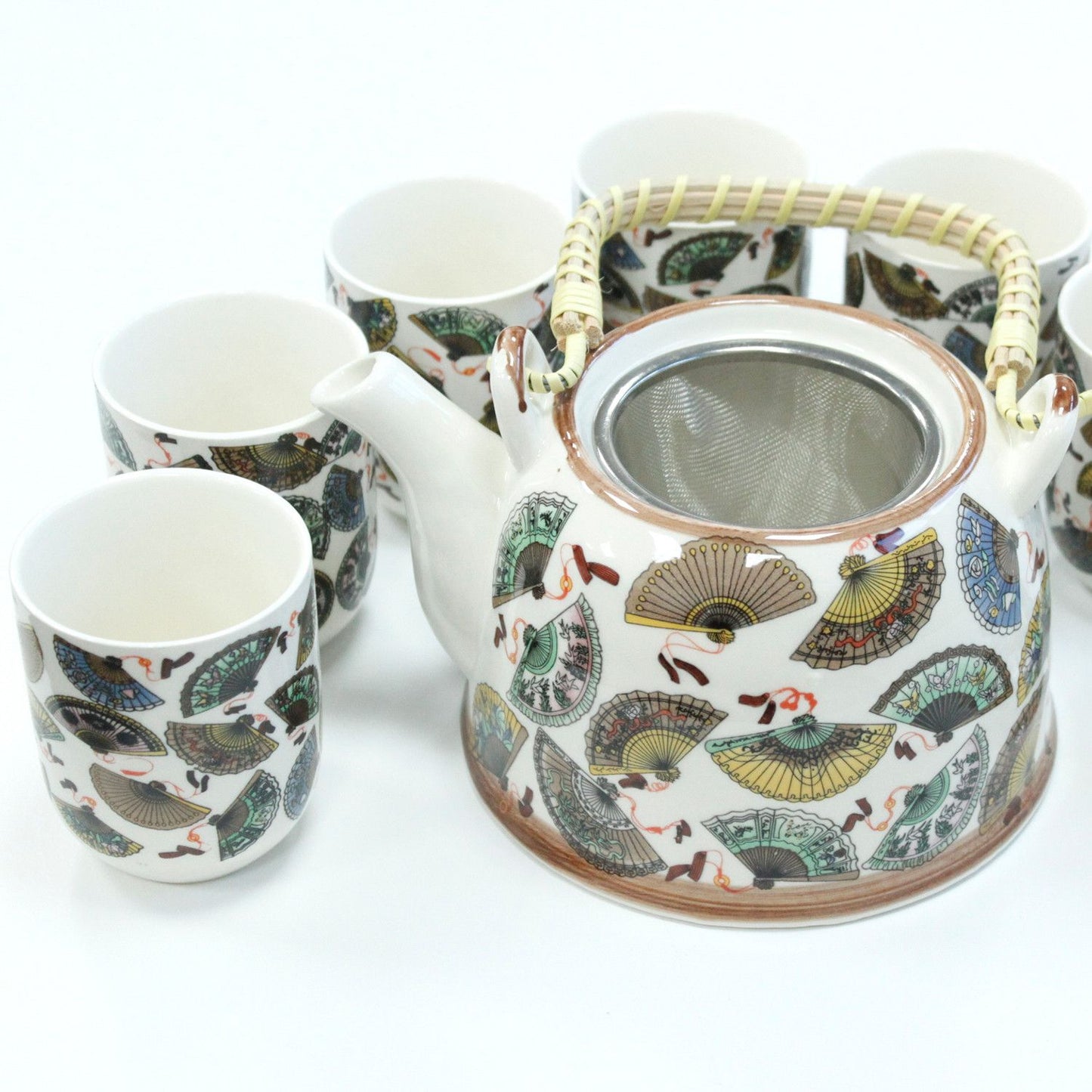 Chinese Fan Design Ceramic Herbal Teapot Set 7 Piece | Artisan Style | Elegant Cultural Tea Gift