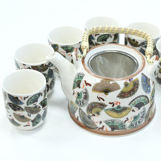 Chinese Fan Design Ceramic Herbal Teapot Set 7 Piece | Artisan Style | Elegant Cultural Tea Gift