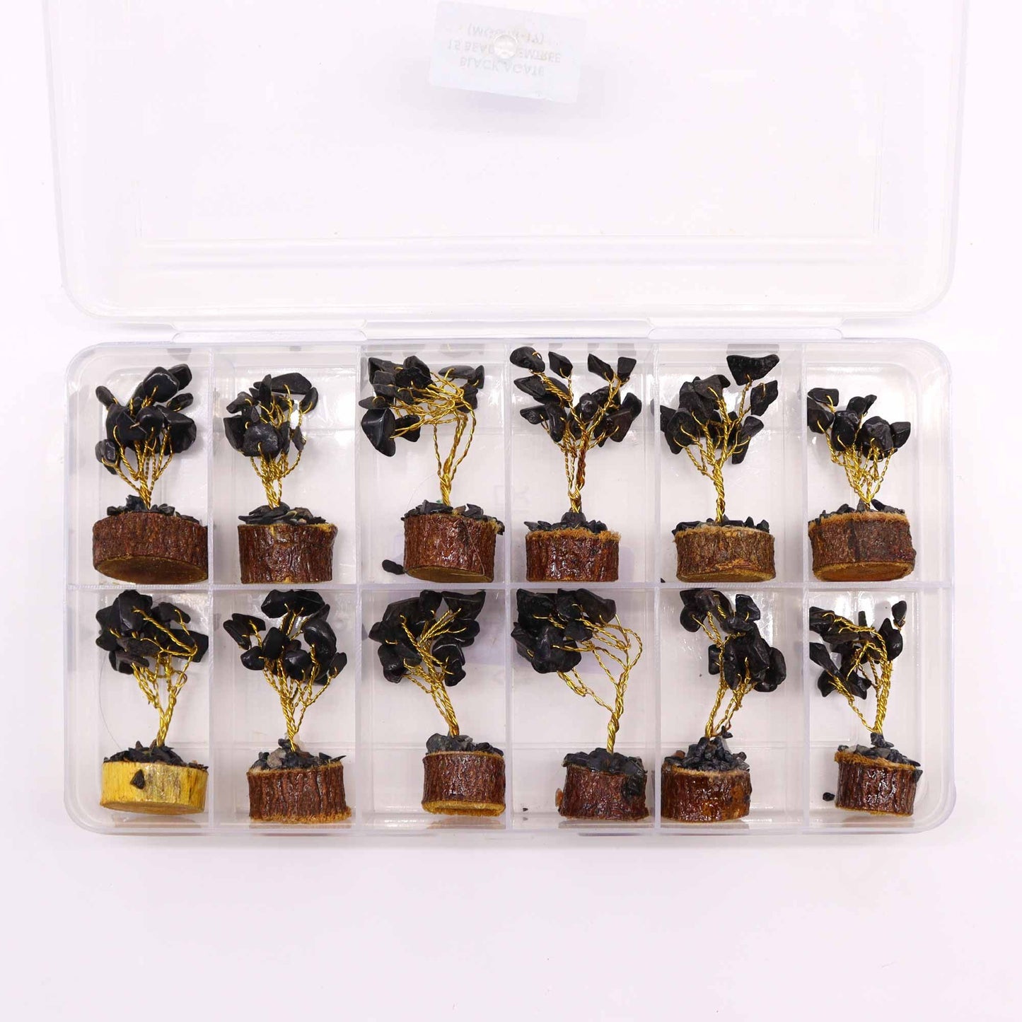 Mini Black Agate Gemstone Tree on Wood Base | 15 Stones | 4x3x6cm | New
