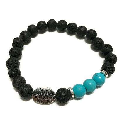 Leaf Turquoise Lava Stone Bracelet | Leaf Charm | Essential Oil Diffuser Beads | Stretch Fit | Unisex