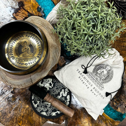 Teachings Buddha Singing Bowl Gift Set | Hand Beaten and Engraved | 14cm | Brass | New