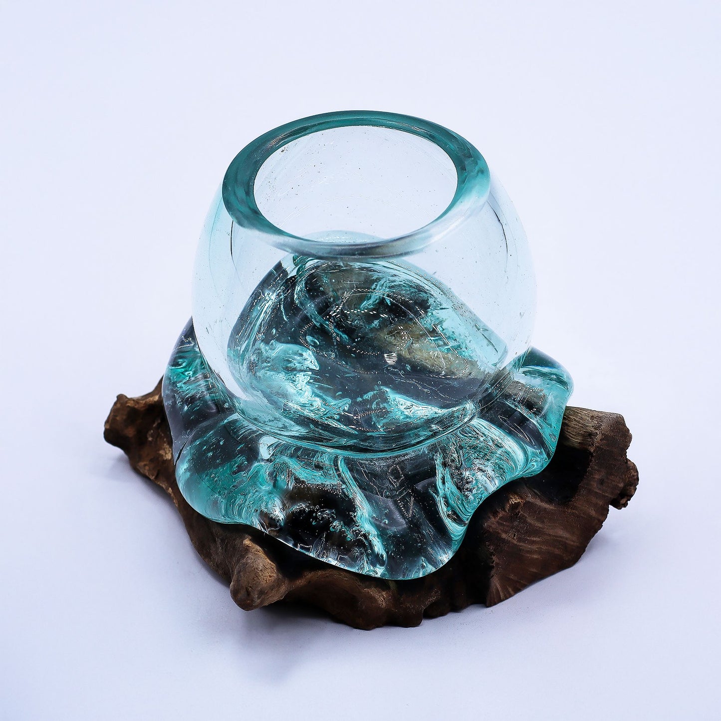 Molten Glass Mini Goldfish Bowl on Driftwood | Handmade in Bali | 20cm | 13x17x13cm | New