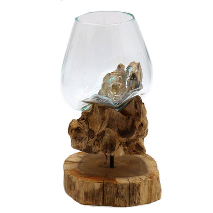 Molten Glass Large Bowl on Driftwood with Stand | Handmade in Bali | 25x19x15cm | New