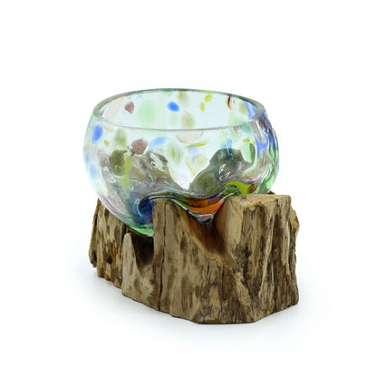 Molten Coloured Glass Bowl on Driftwood | Small | Handmade Balinese Art | 14x7x9cm | New