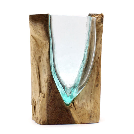 Molten Glass V-Shaped Art Vase on Driftwood | 650ml | Handmade in Bali | New