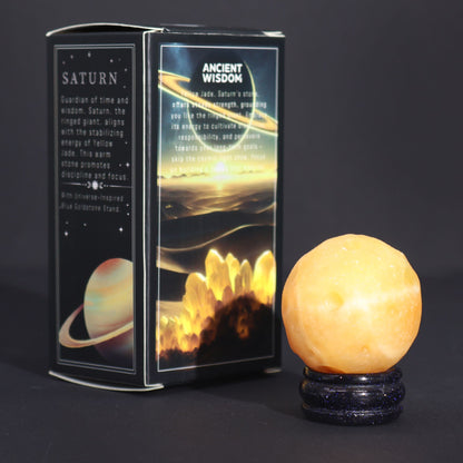 Saturn Gemstone Planet Yellow Jade Sphere 40mm | Solar Goldstone Stand | Patience Focus Discipline