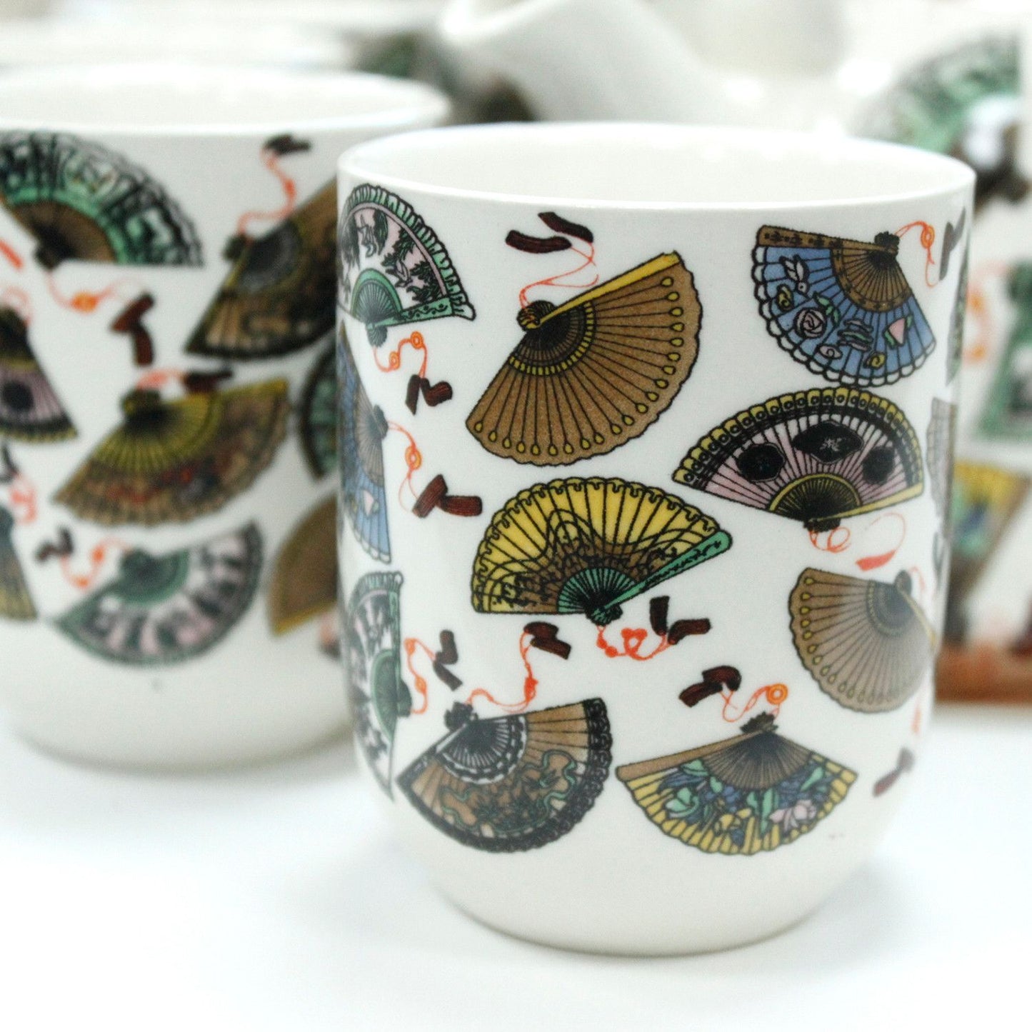 Chinese Fan Design Ceramic Herbal Teapot Set 7 Piece | Artisan Style | Elegant Cultural Tea Gift