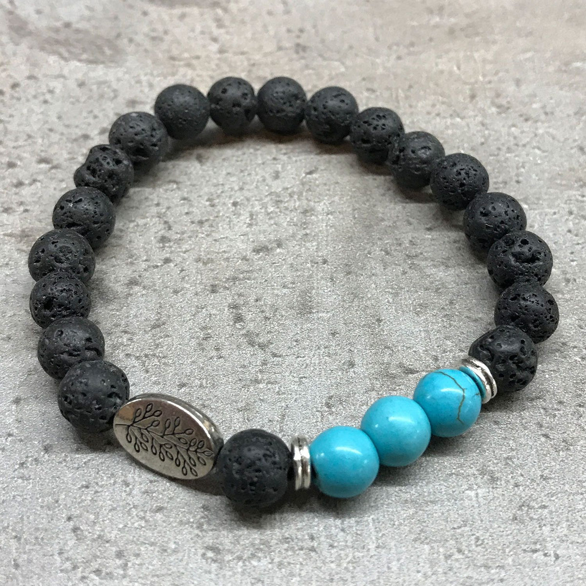 Leaf Turquoise Lava Stone Bracelet | Leaf Charm | Essential Oil Diffuser Beads | Stretch Fit | Unisex