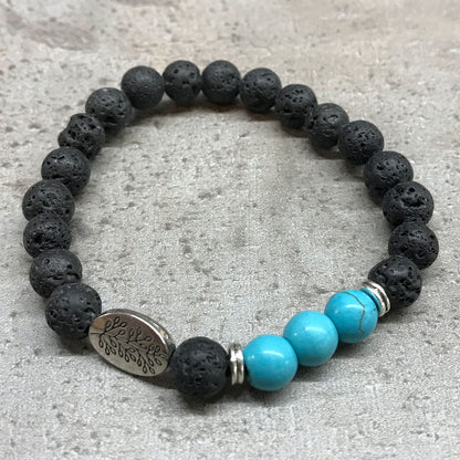 Leaf Turquoise Lava Stone Bracelet | Leaf Charm | Essential Oil Diffuser Beads | Stretch Fit | Unisex