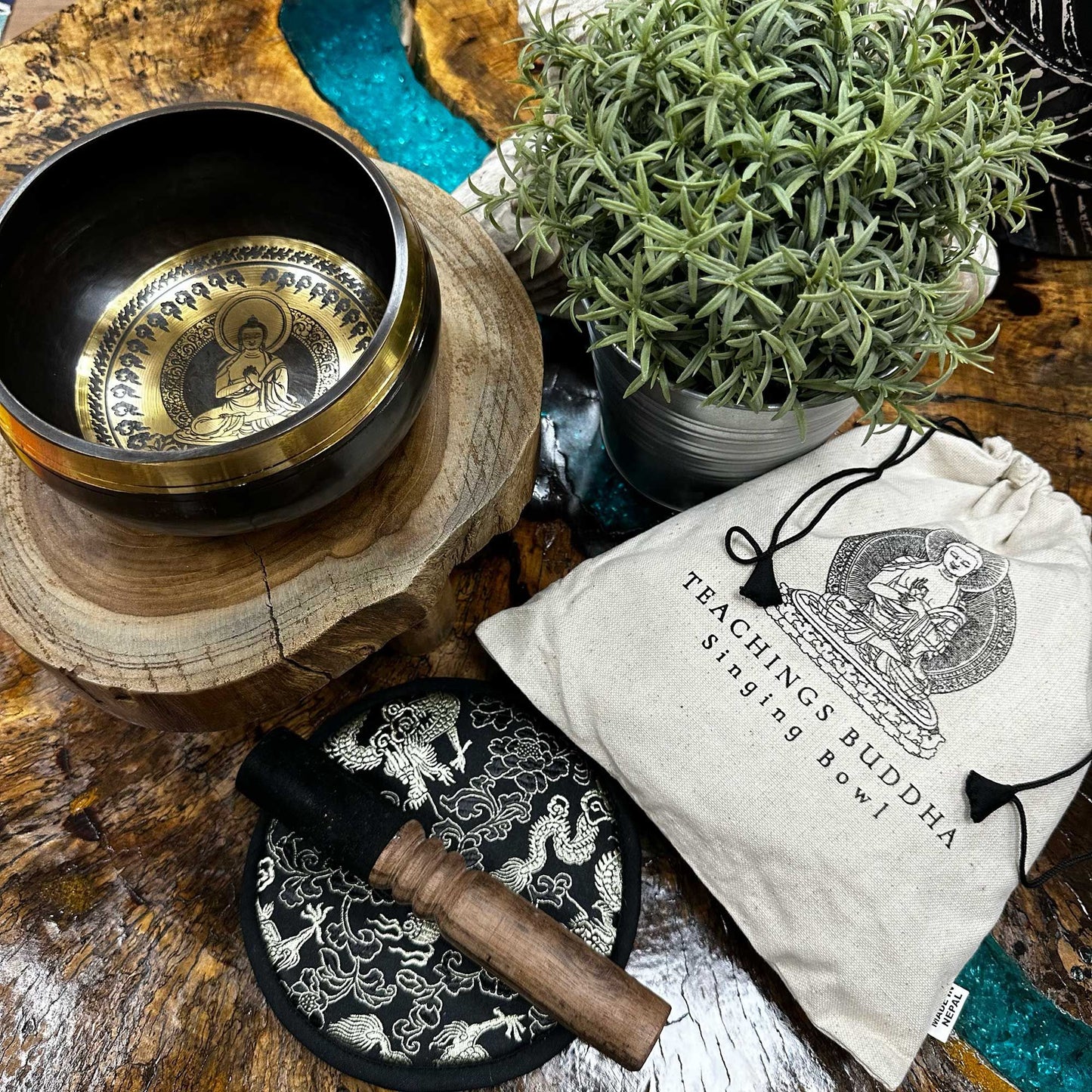 Teachings Buddha Singing Bowl Gift Set | Hand Beaten and Engraved | 14cm | Brass | New