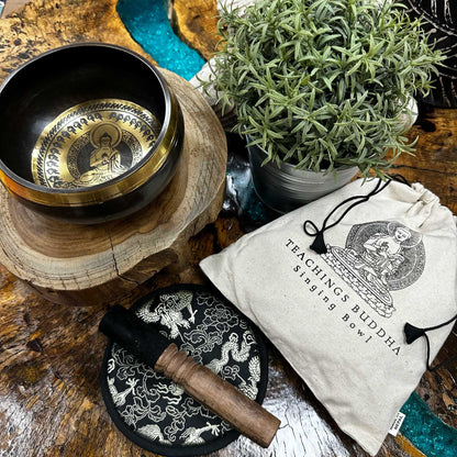 Teachings Buddha Singing Bowl Gift Set | Hand Beaten and Engraved | 14cm | Brass | New