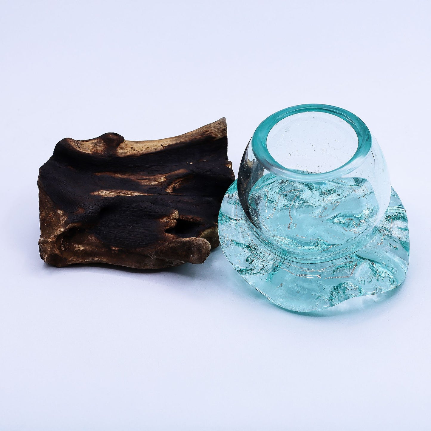 Molten Glass Mini Goldfish Bowl on Driftwood | Handmade in Bali | 20cm | 13x17x13cm | New