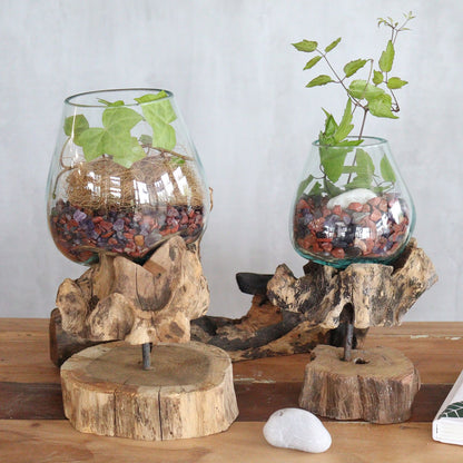 Molten Glass Large Bowl on Driftwood with Stand | Handmade in Bali | 25x19x15cm | New