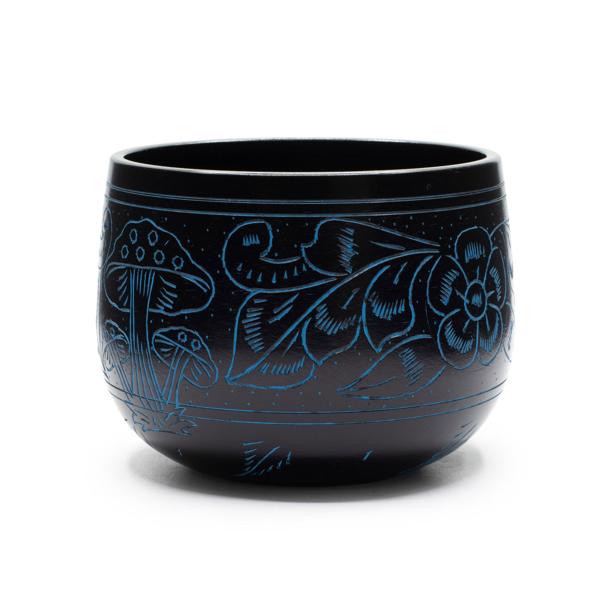 Magic Mushroom cauldron singing bowl in black and blue, 15cm, with engraved mushroom and flower design