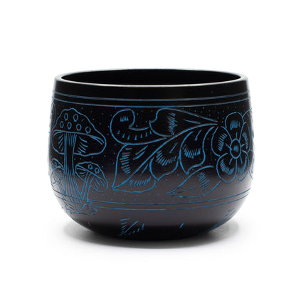 Magic Mushroom cauldron singing bowl in black and blue, 15cm, with engraved mushroom and flower design