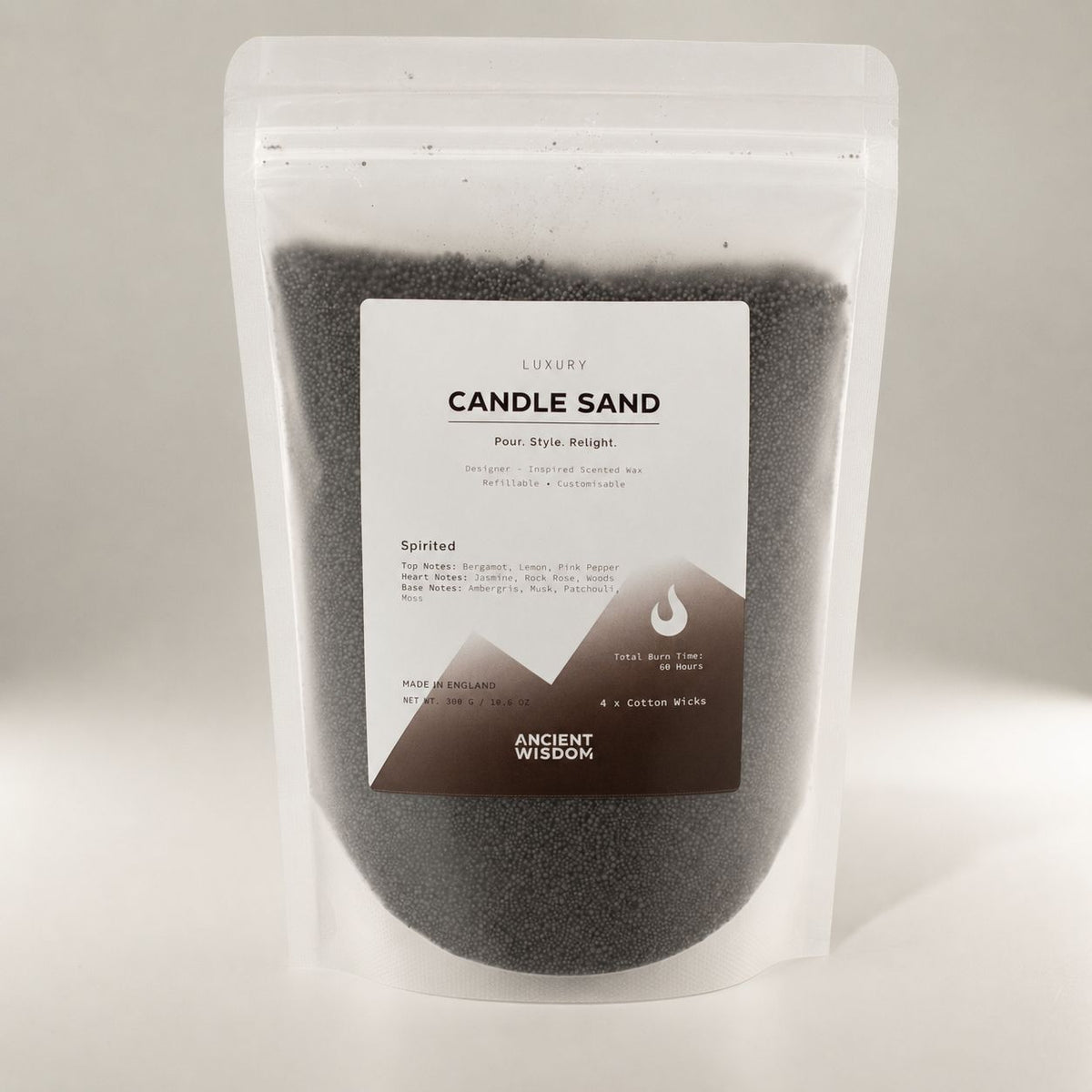 Alternative angle of the Spirited candle sand pouch on a soft grey background