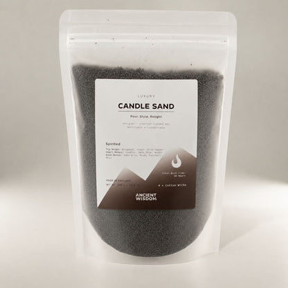 Alternative angle of the Spirited candle sand pouch on a soft grey background