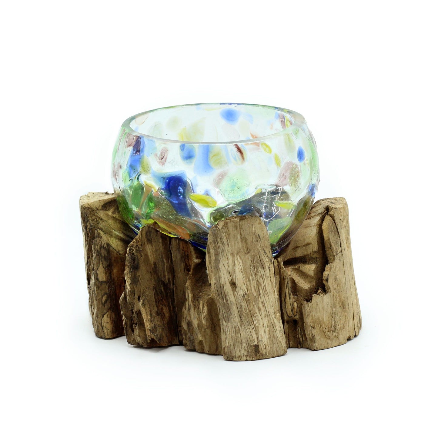 Molten Coloured Glass Bowl on Driftwood | Small | Handmade Balinese Art | 14x7x9cm | New