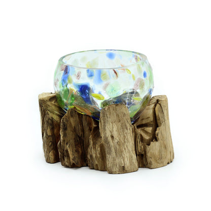 Molten Coloured Glass Bowl on Driftwood | Small | Handmade Balinese Art | 14x7x9cm | New