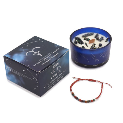 Aries Birthday Zodiac Candle and Crystal Bracelet Gift Set | Soy Wax | Red Jasper and Bloodstone and Hematite