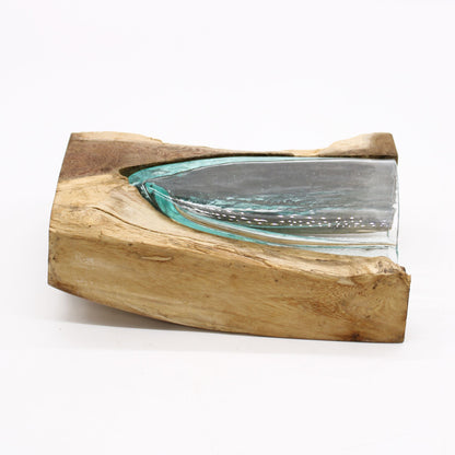 Molten Glass V-Shaped Art Vase on Driftwood | 650ml | Handmade in Bali | New