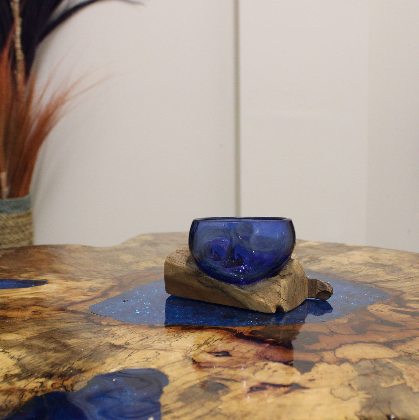 Molten Glass Mini Blue Bowl on Driftwood | Handmade in Bali | 12x6x7cm | New