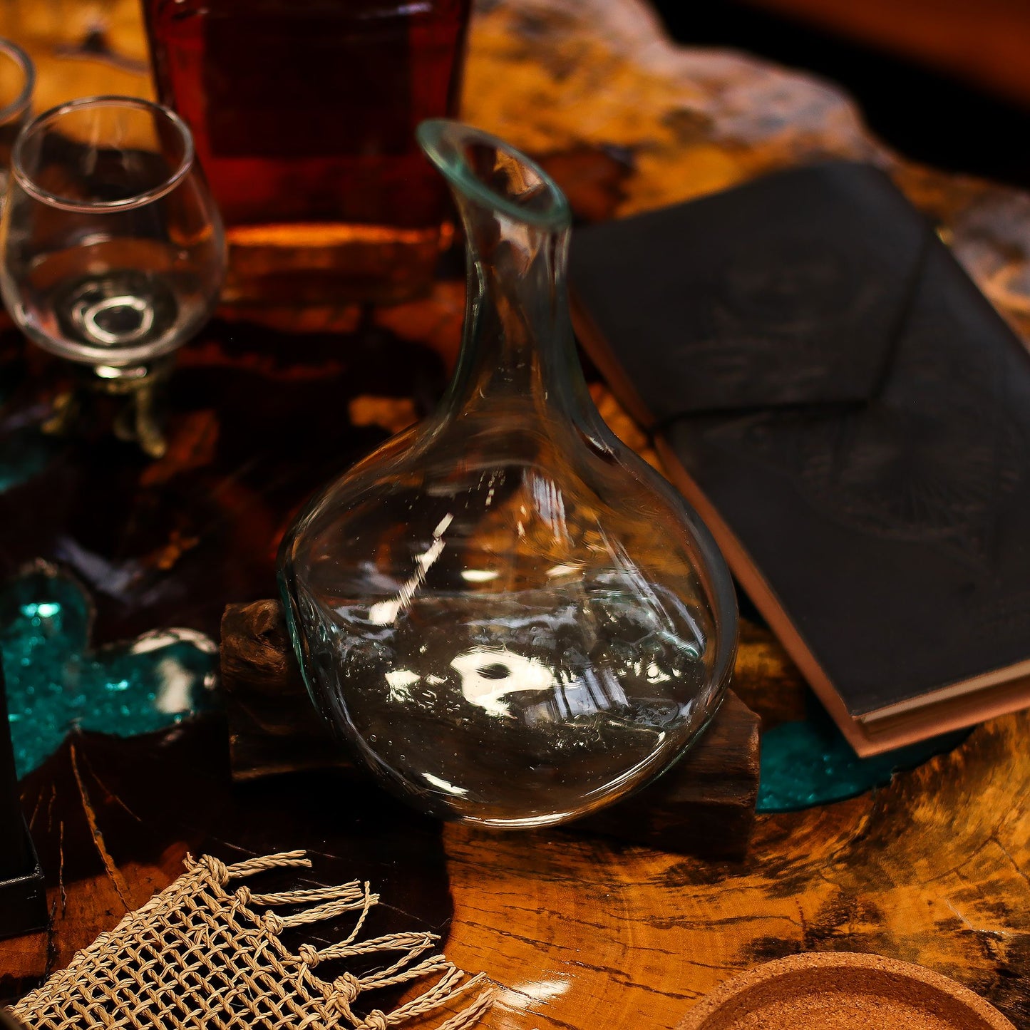 Molten Glass Mini Decanter on Driftwood | Handmade in Bali | 20cm | 20x14x10cm | New