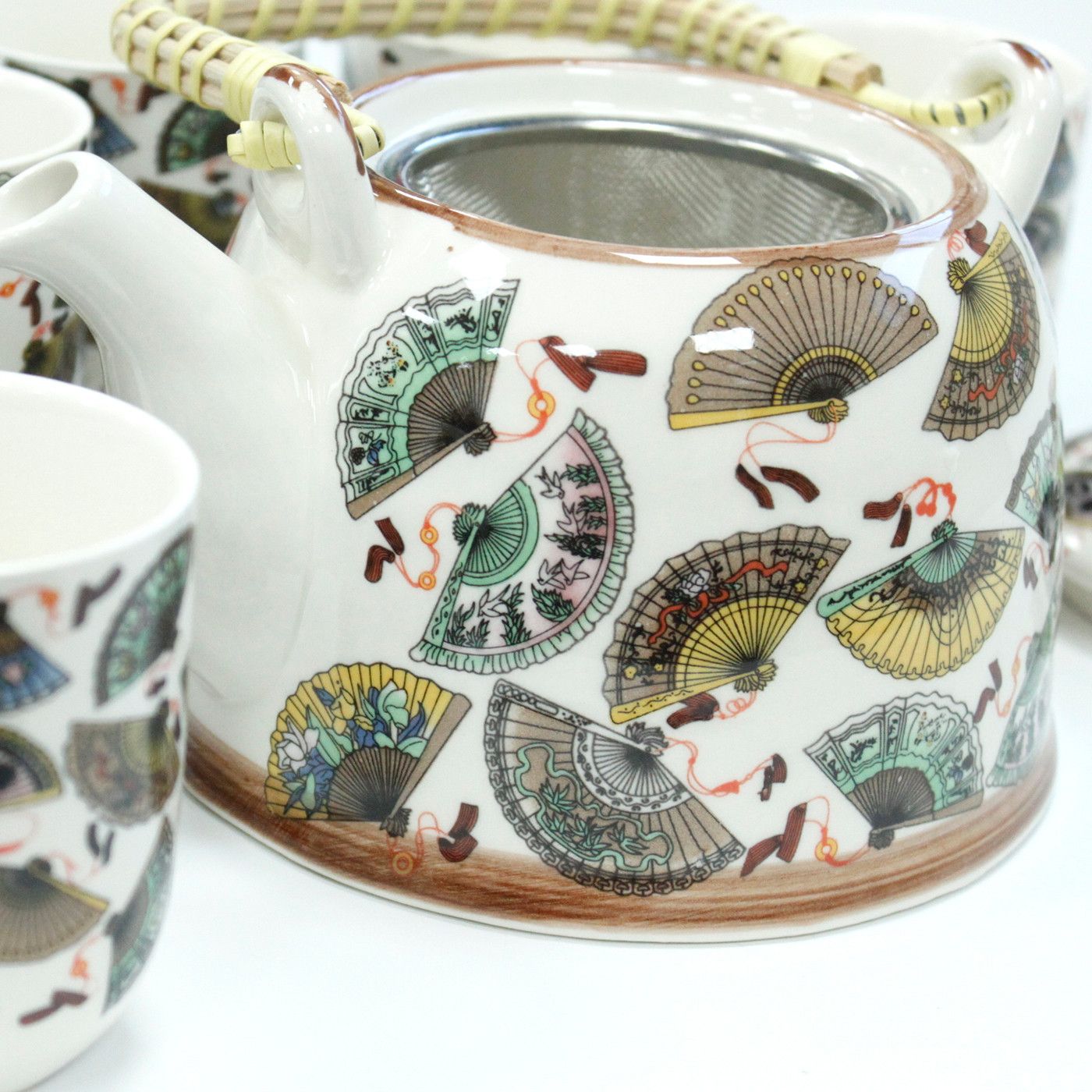 Chinese Fan Design Ceramic Herbal Teapot Set 7 Piece | Artisan Style | Elegant Cultural Tea Gift