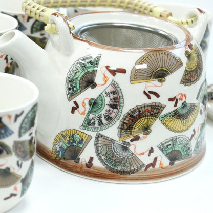 Chinese Fan Design Ceramic Herbal Teapot Set 7 Piece | Artisan Style | Elegant Cultural Tea Gift