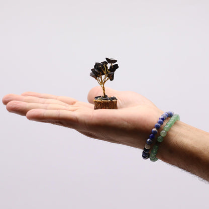 Mini Black Agate Gemstone Tree on Wood Base | 15 Stones | 4x3x6cm | New