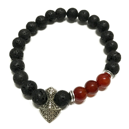 Axe-Head Carnelian Lava Stone Bracelet | Axe-Head Charm | Essential Oil Diffuser Beads | Stretch Fit | Unisex