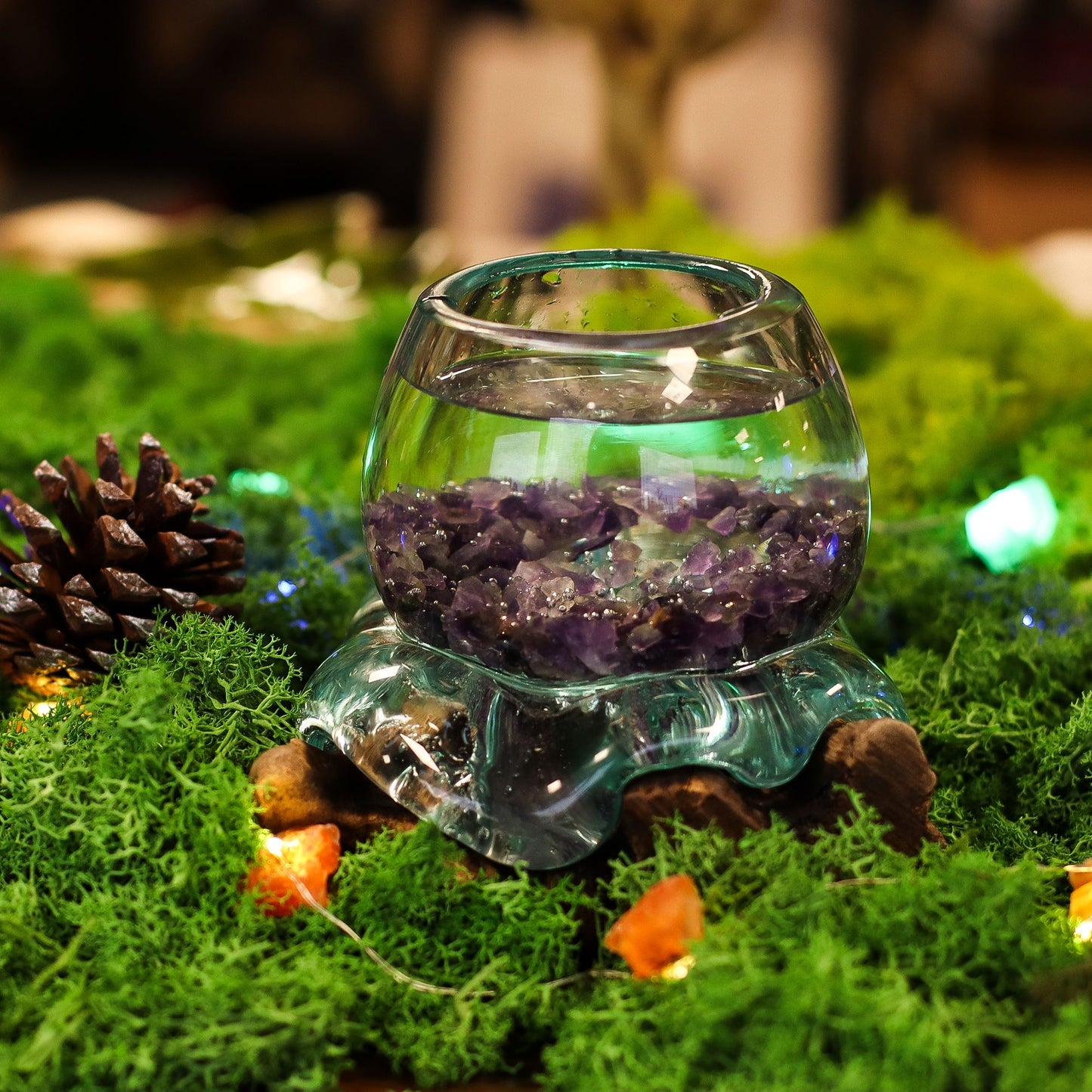 Molten Glass Mini Goldfish Bowl on Driftwood | Handmade in Bali | 20cm | 13x17x13cm | New