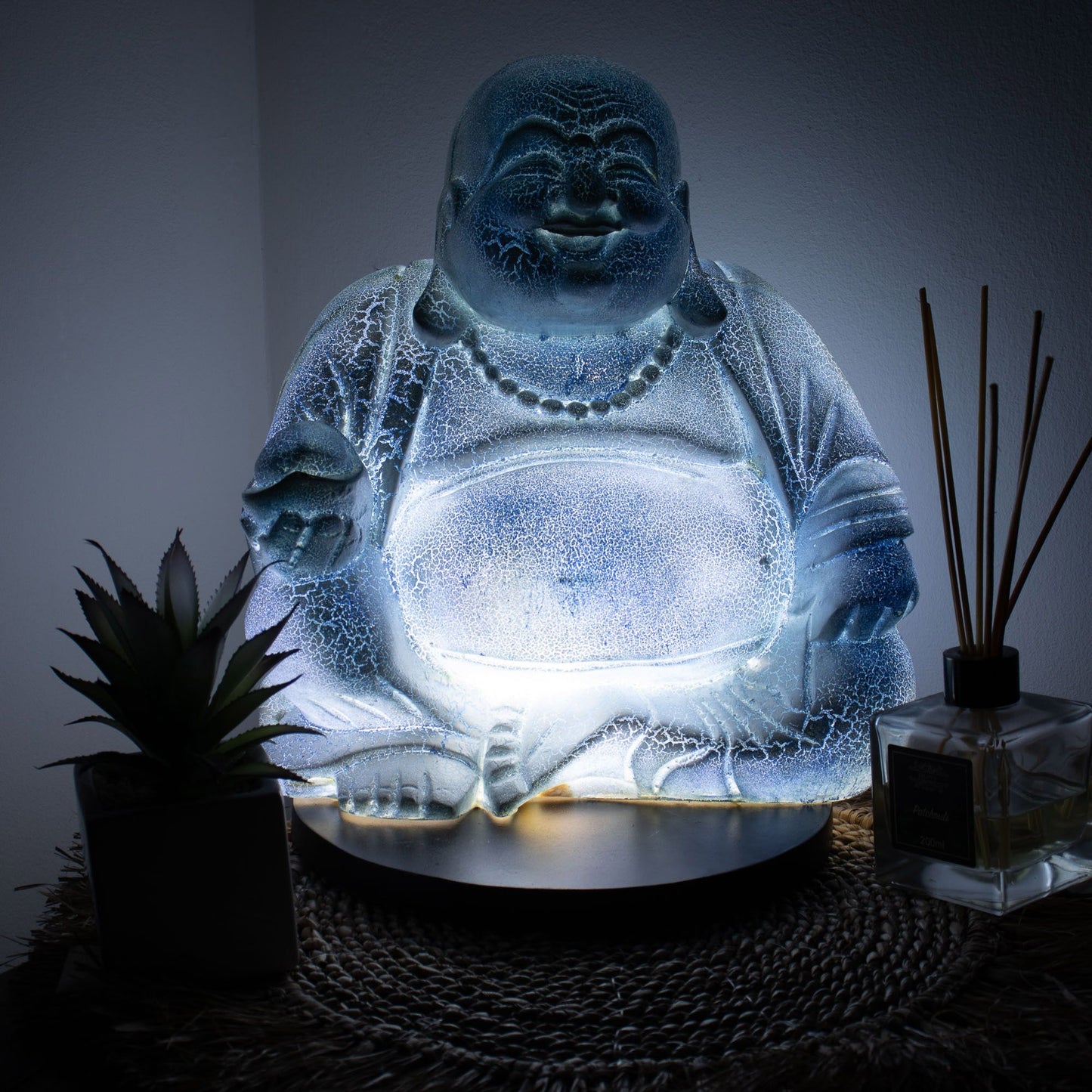Laughing Buddha Lamp | Sky Blue Crackle Finish | Round Stand | Handmade in Indonesia | New