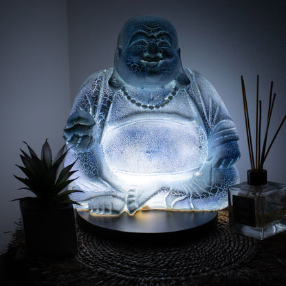 Laughing Buddha Lamp | Sky Blue Crackle Finish | Round Stand | Handmade in Indonesia | New
