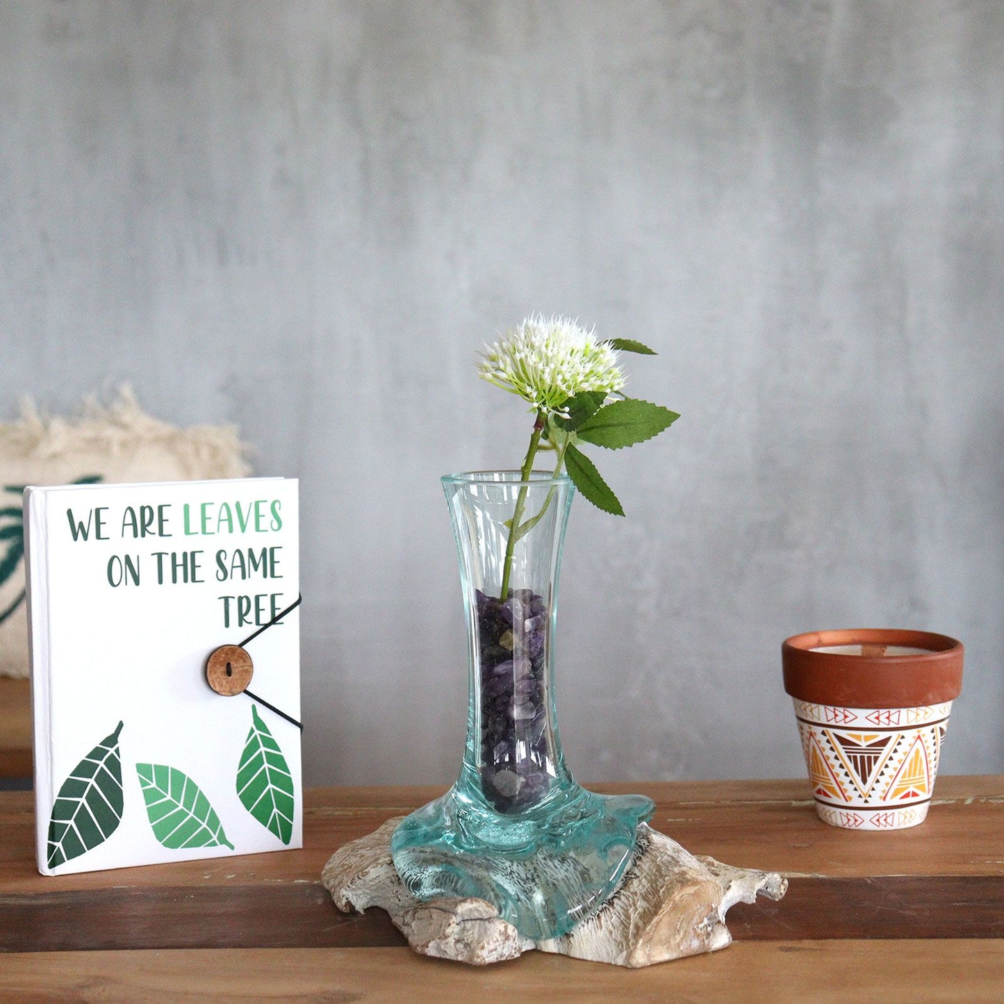 Molten Glass Vase on Whitewash Wood | Small | Handmade in Bali | 19x15x15cm | New