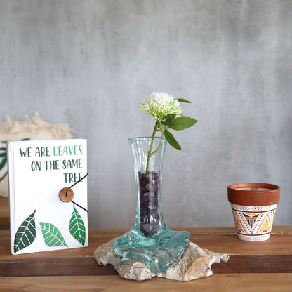 Molten Glass Vase on Whitewash Wood | Small | Handmade in Bali | 19x15x15cm | New