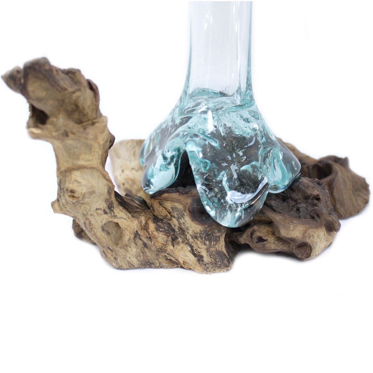 Molten Glass Vase on Driftwood | Handmade Balinese Art | 15.5x22x28cm | New