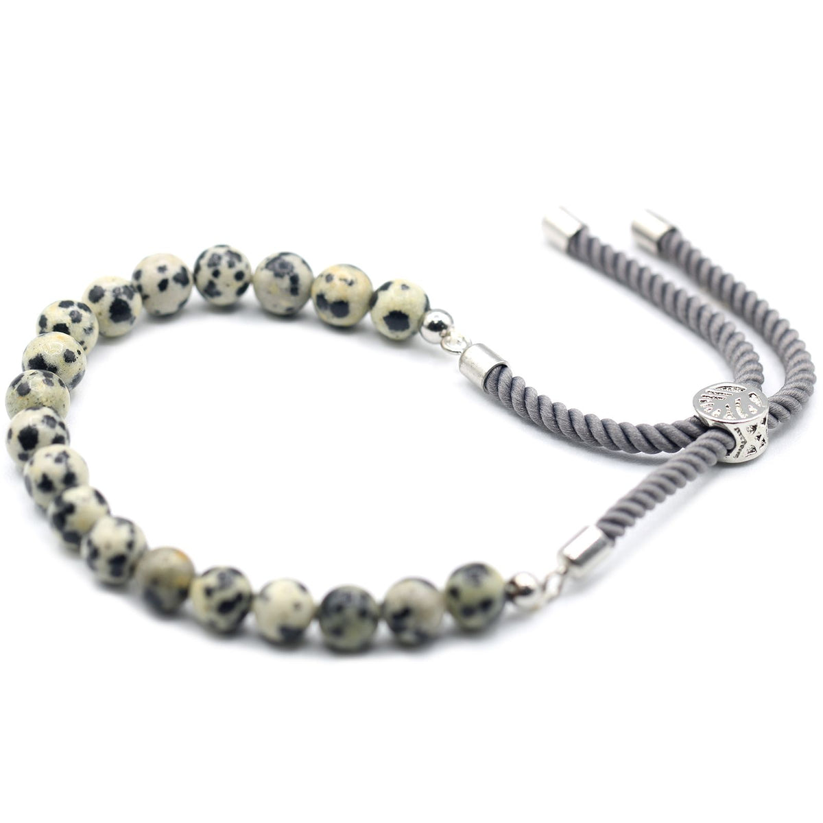Dalmatian Jasper String Bracelet | 925 Silver Plated Slider | Charcoal Rope Cord | Adjustable | Unisex