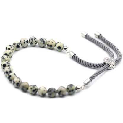 Dalmatian Jasper String Bracelet | 925 Silver Plated Slider | Charcoal Rope Cord | Adjustable | Unisex