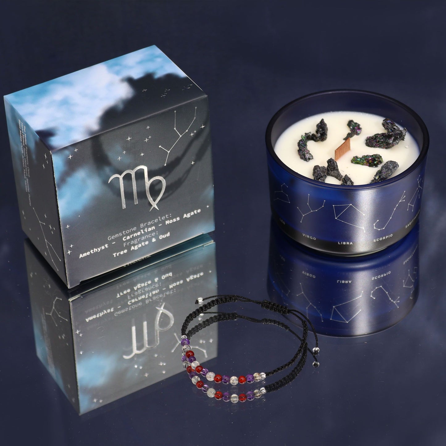 Virgo Birthday Zodiac Candle and Crystal Bracelet Gift Set | Soy Wax | Amethyst and Carnelian and Moss Agate