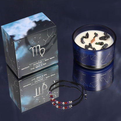 Virgo Birthday Zodiac Candle and Crystal Bracelet Gift Set | Soy Wax | Amethyst and Carnelian and Moss Agate
