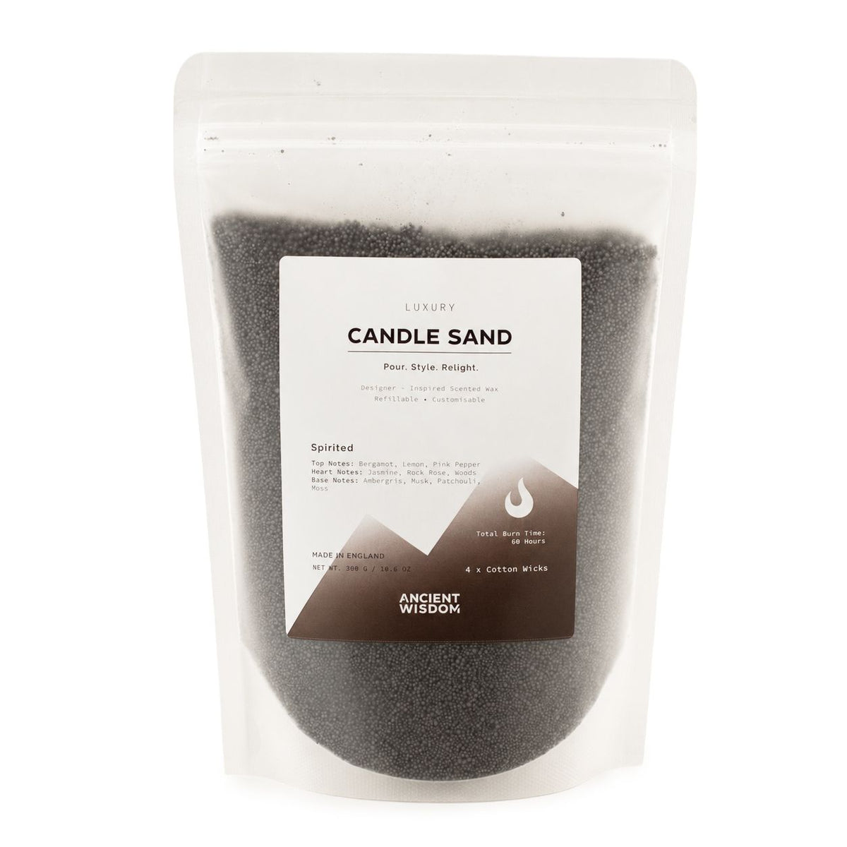 Spirited candle sand 300g resealable pouch, front label on a white background