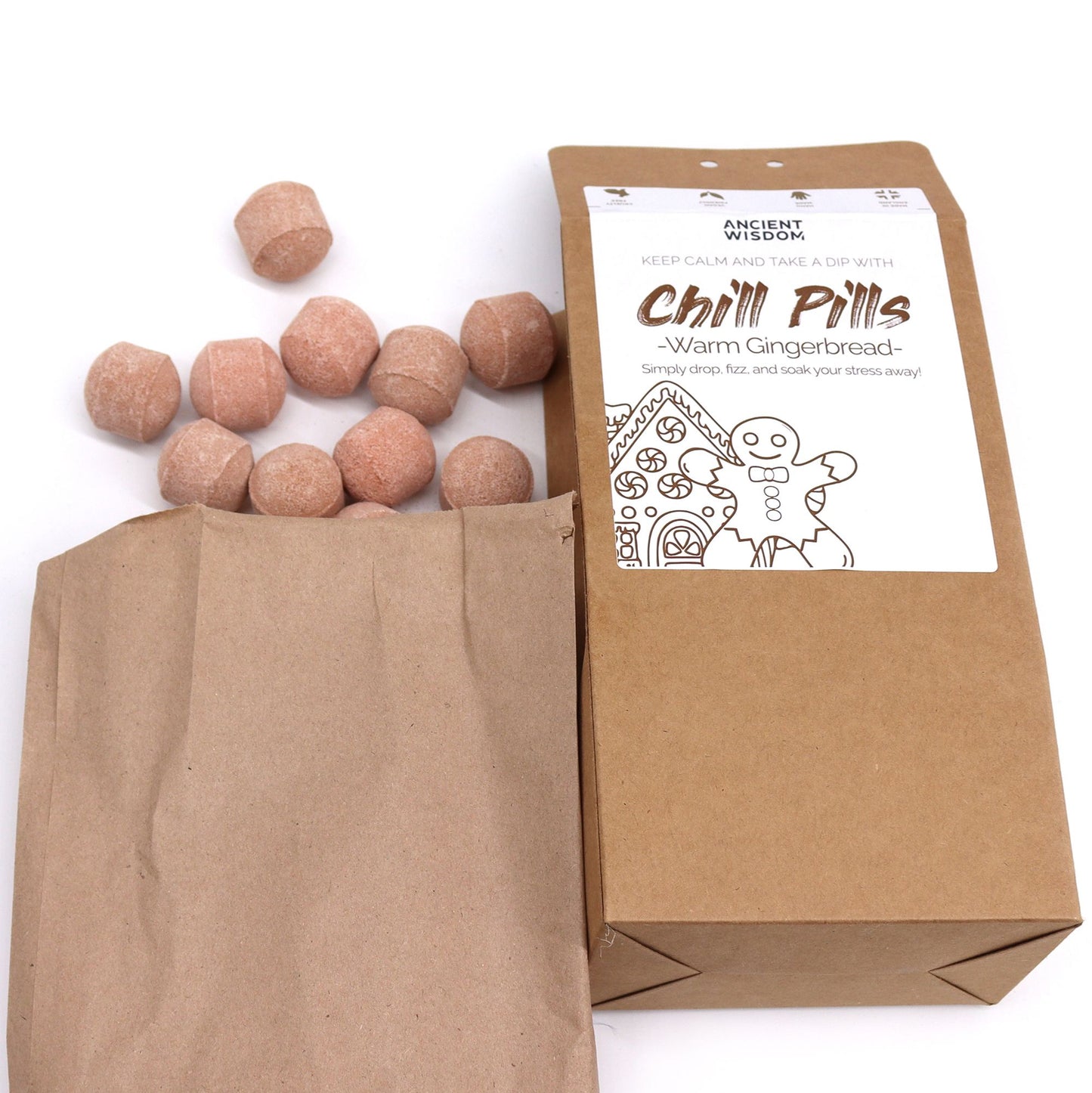 Chill Pills Bath Bomb Gift Pack | Warm Gingerbread | 350g | 30 Mini Bath Bombs | Handmade England | New