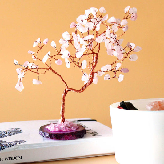 Rose Quartz Large Gemstone Tree on Pink Agate Base | 100 Stones | 9x5x13cm | New