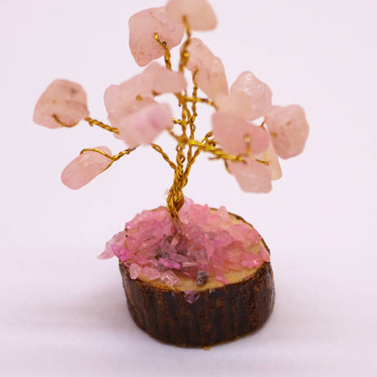 Mini Rose Quartz Gemstone Tree on Wood Base | 15 Stones | 4x3x6cm | New