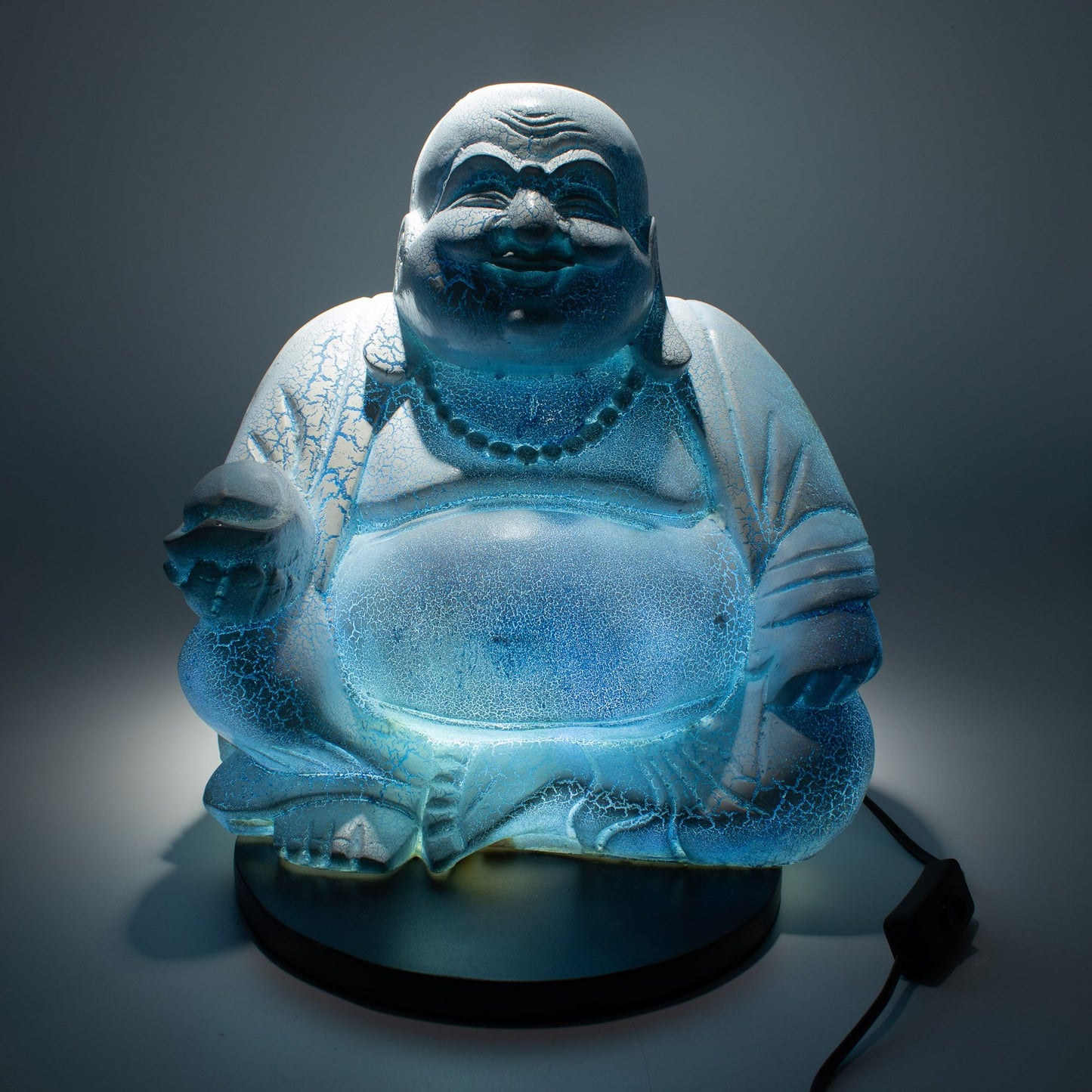 Laughing Buddha Lamp | Sky Blue Crackle Finish | Round Stand | Handmade in Indonesia | New