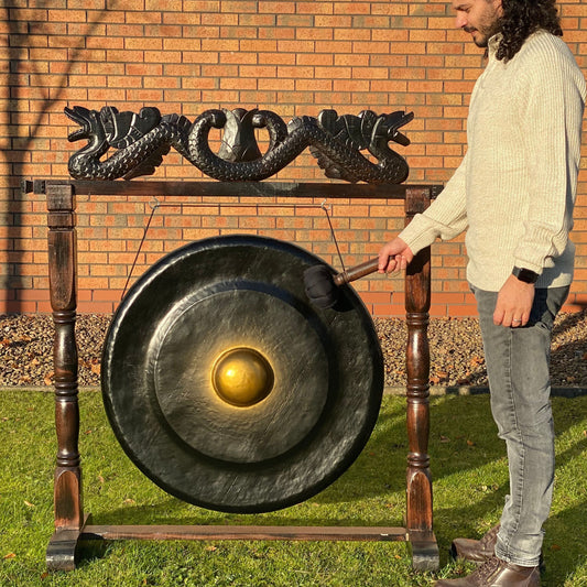 Balinese Healing Gong on Carved Stand | Large | 80cm | Black | Dragon Stand | New