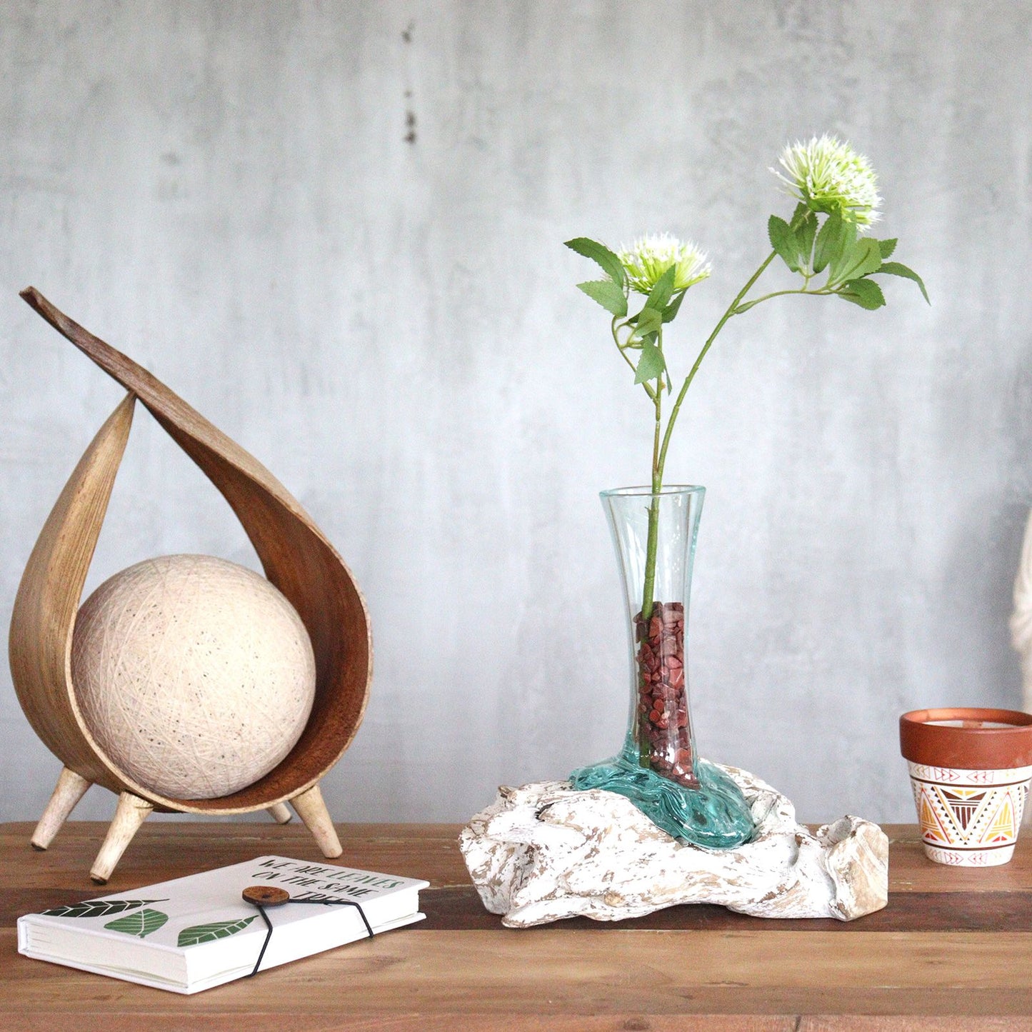 Molten Glass Vase on Whitewash Wood | Small | Handmade in Bali | 19x15x15cm | New